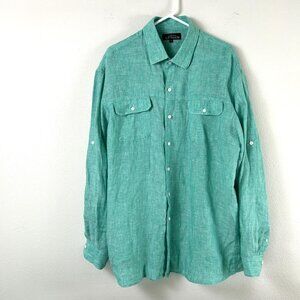 Johnny Uptown Button Up Shirt Mens Size XL Green Roll Tab Long Sleeve Linen